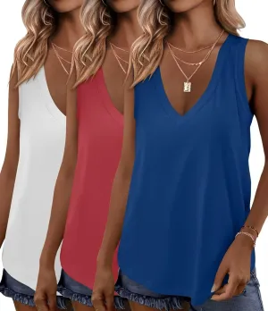 KKJ 3 Pack Womens Tank Tops 2025 Summer Beach Vacation Outfits V Neck Loosefit Sleeveless Casual Cruise Shirt Fashion Clothes