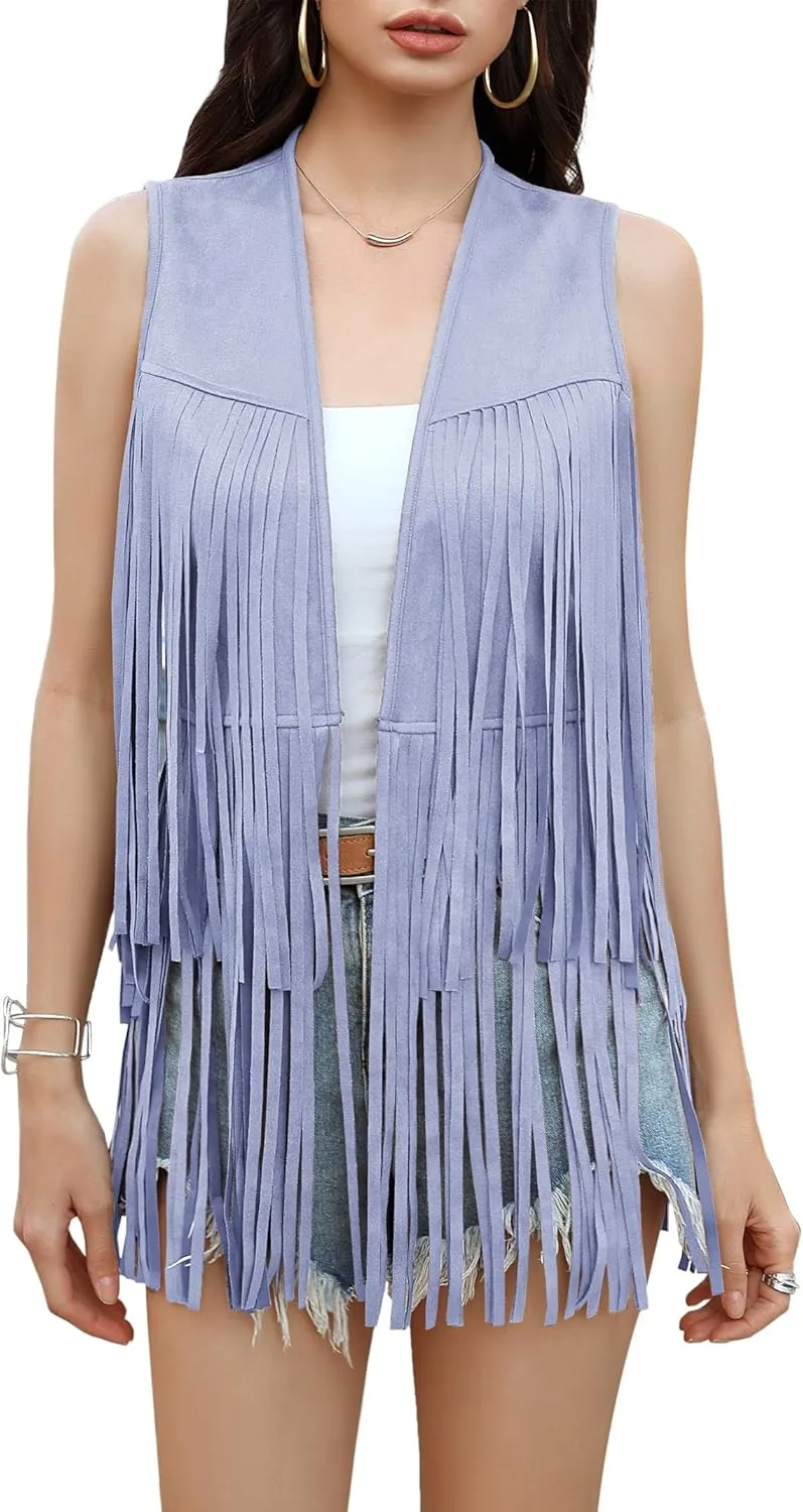 KOJOOIN Women's Fringe Vest 70s Hippie Faux Suede Rivets Sleeveless Fringe Jacket Light Blue M