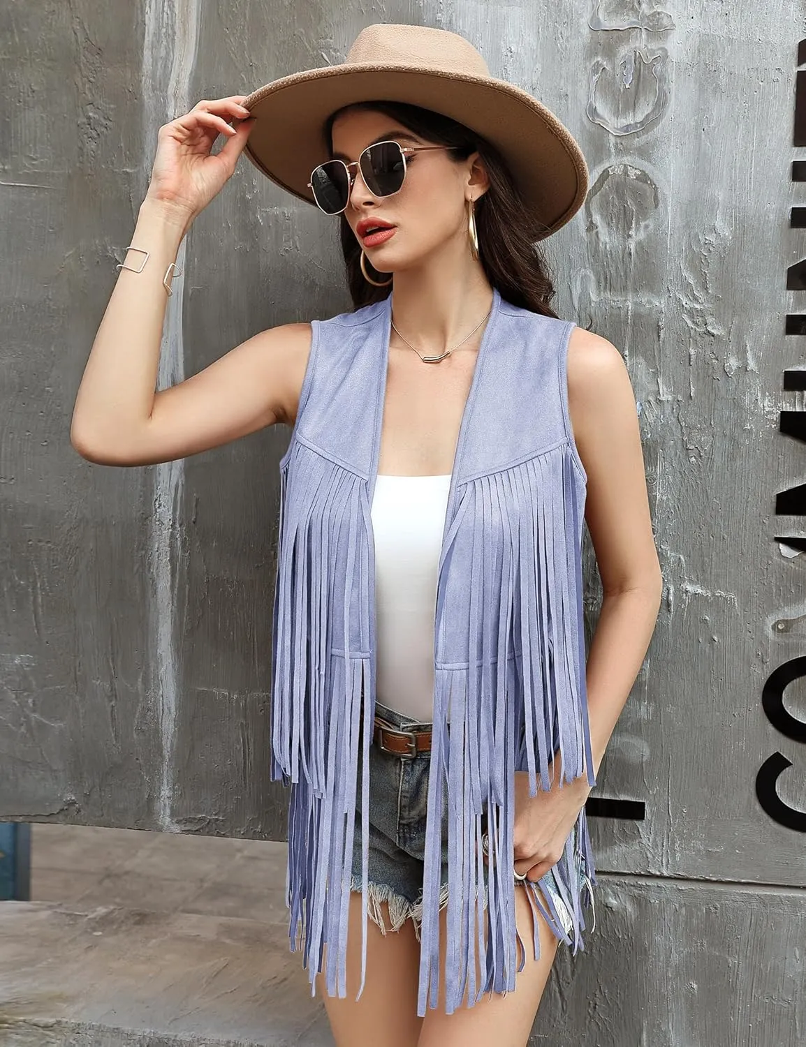 KOJOOIN Women's Fringe Vest 70s Hippie Faux Suede Rivets Sleeveless Fringe Jacket Light Blue M
