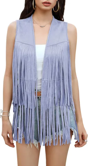 KOJOOIN Women's Fringe Vest 70s Hippie Faux Suede Rivets Sleeveless Fringe Jacket Light Blue M