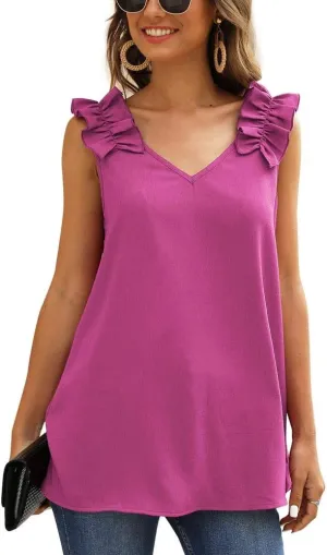 KUFV Womens Ruffles Shoulder V Neck Sleeveless Casual Summer Blouse Tunic Tank Tops