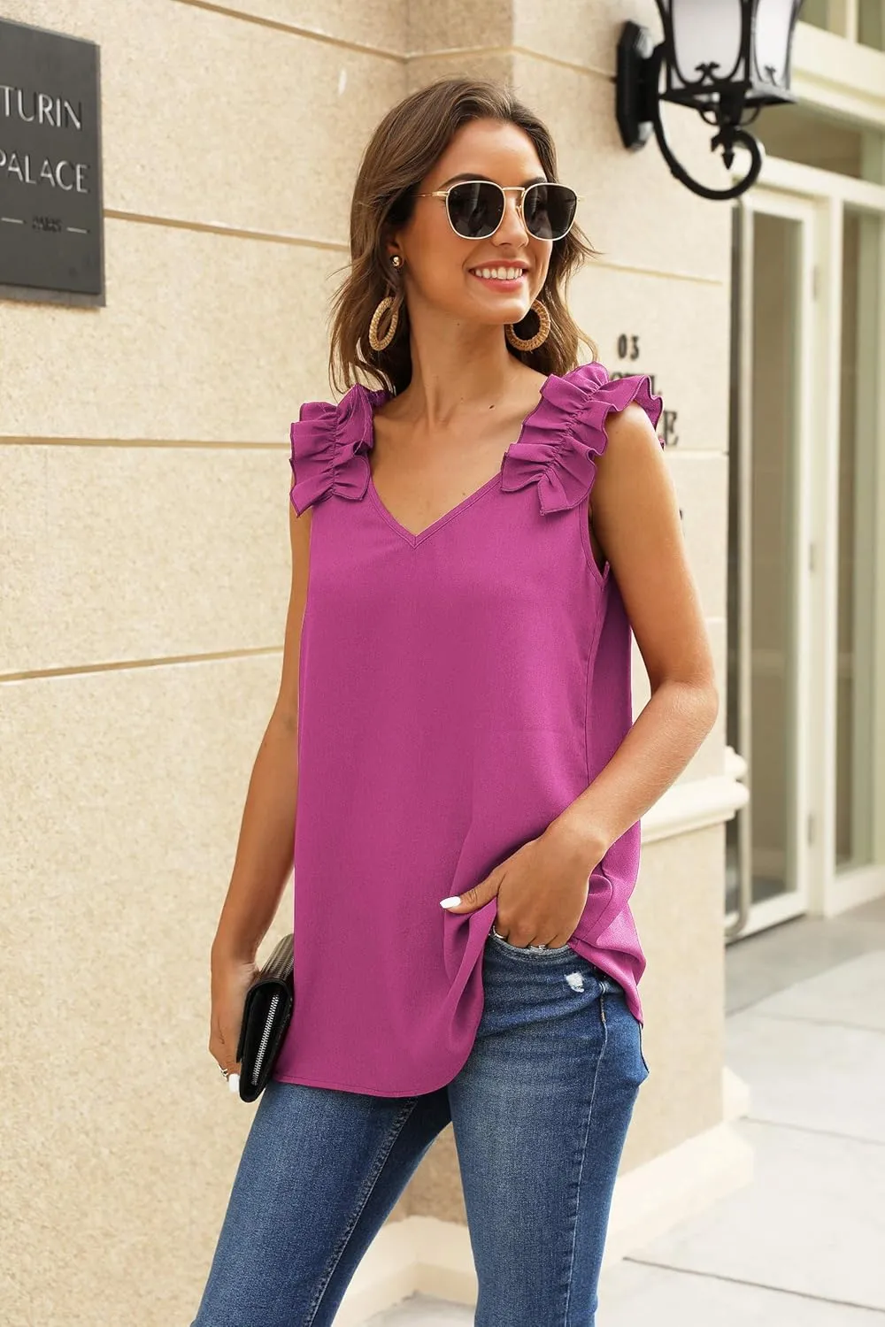 KUFV Womens Ruffles Shoulder V Neck Sleeveless Casual Summer Blouse Tunic Tank Tops