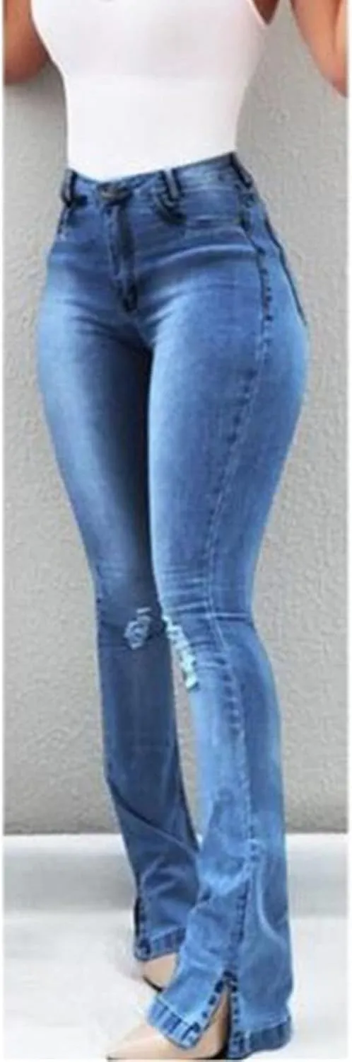 Ladies Side Slit Slim Ripped Denim Trousers Butt Lifting Flare Hold Jeans Stretch High Waisted Bell Distressed Jean