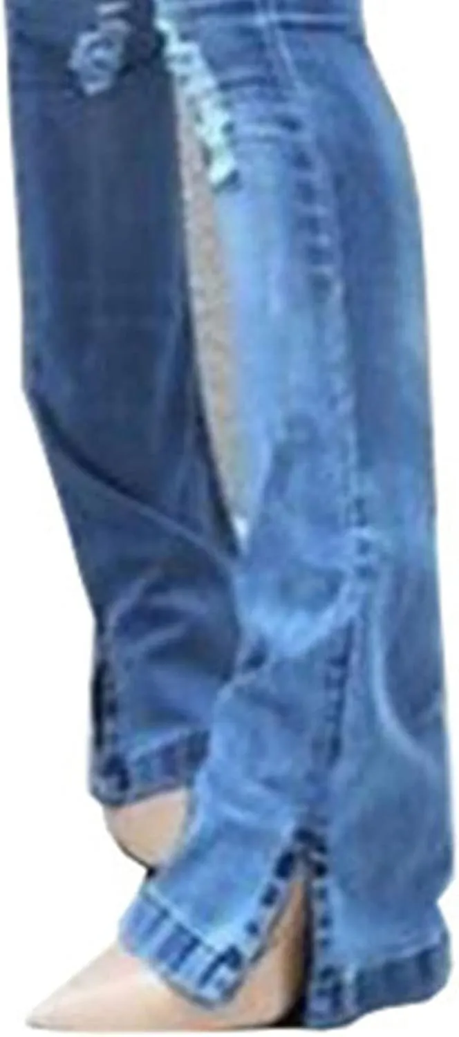 Ladies Side Slit Slim Ripped Denim Trousers Butt Lifting Flare Hold Jeans Stretch High Waisted Bell Distressed Jean