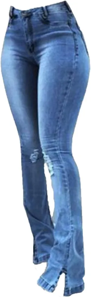 Ladies Side Slit Slim Ripped Denim Trousers Butt Lifting Flare Hold Jeans Stretch High Waisted Bell Distressed Jean