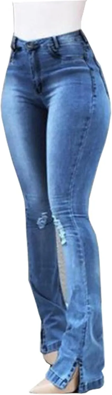 Ladies Side Slit Slim Ripped Denim Trousers Butt Lifting Flare Hold Jeans Stretch High Waisted Bell Distressed Jean