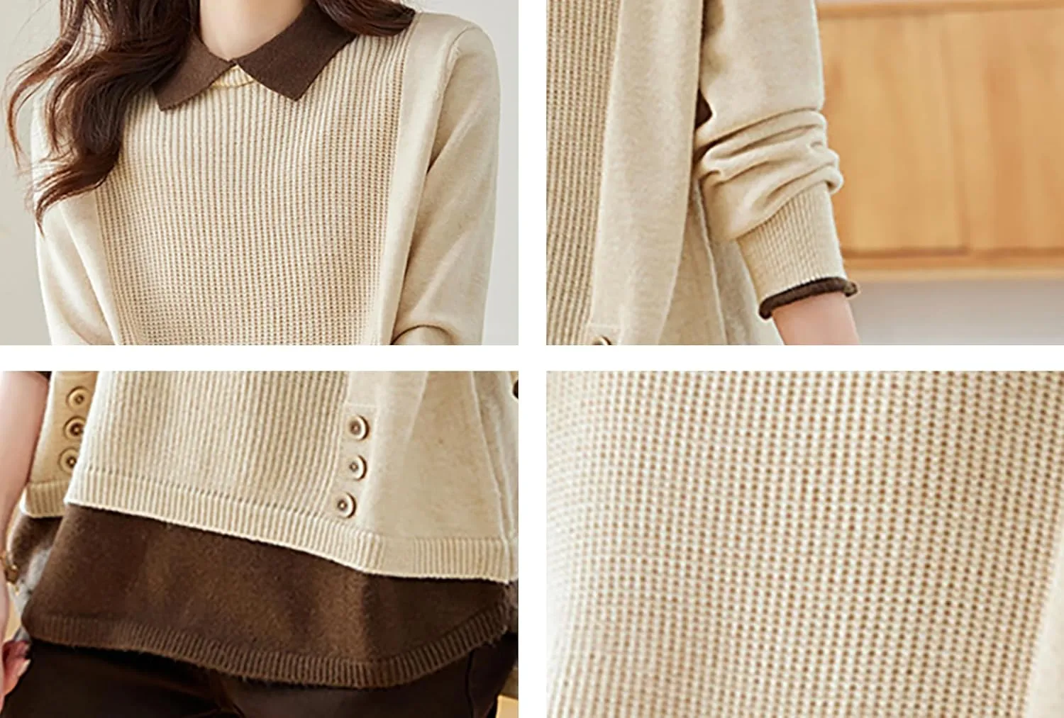 LAI MENG FIVE CATS Women's Polo Contrast Collar Knitwear Casual Long Sleeve Patchwork Pullover Blouse Top