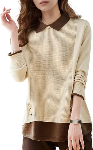 LAI MENG FIVE CATS Women's Polo Contrast Collar Knitwear Casual Long Sleeve Patchwork Pullover Blouse Top