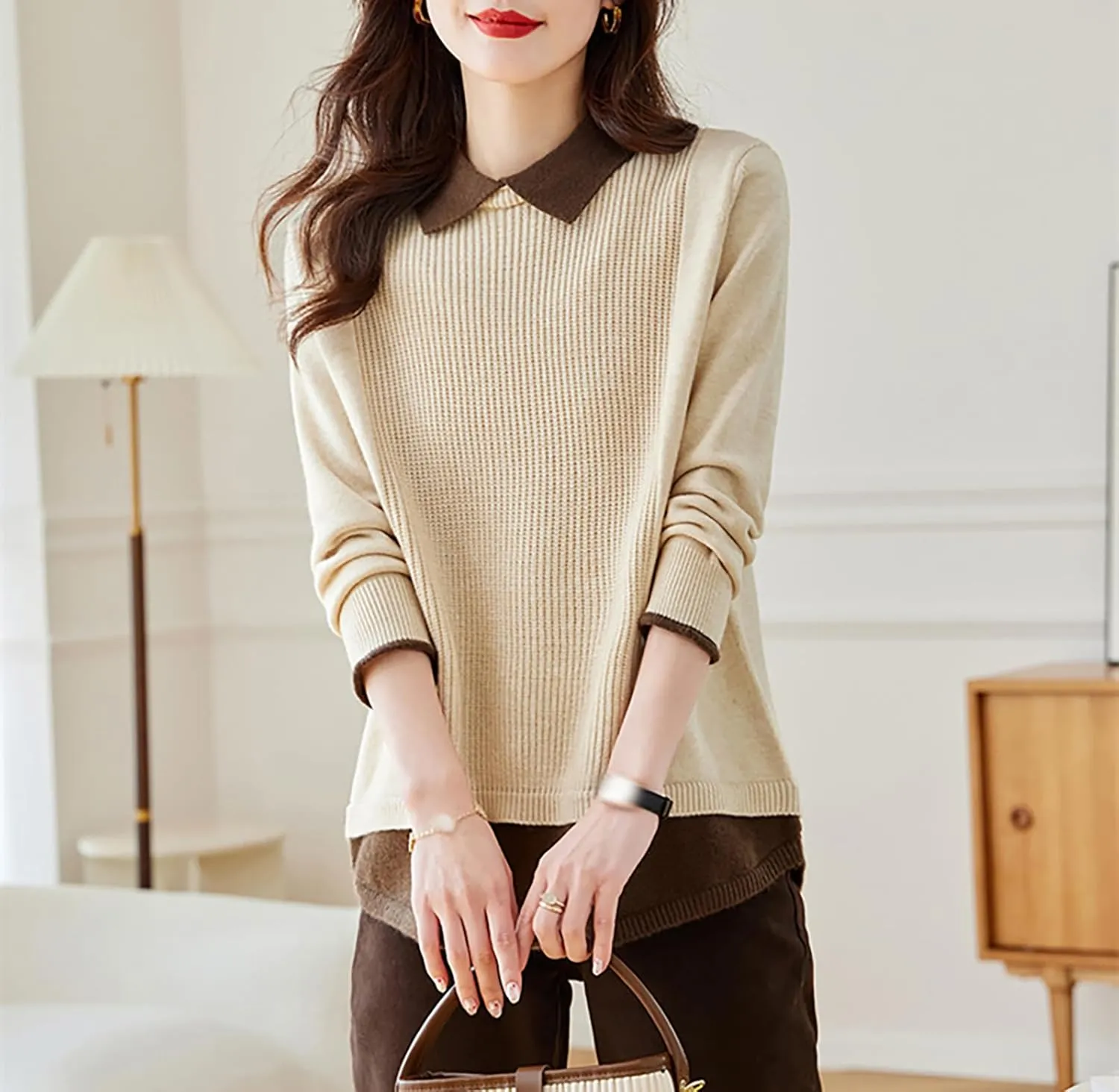 LAI MENG FIVE CATS Women's Polo Contrast Collar Knitwear Casual Long Sleeve Patchwork Pullover Blouse Top