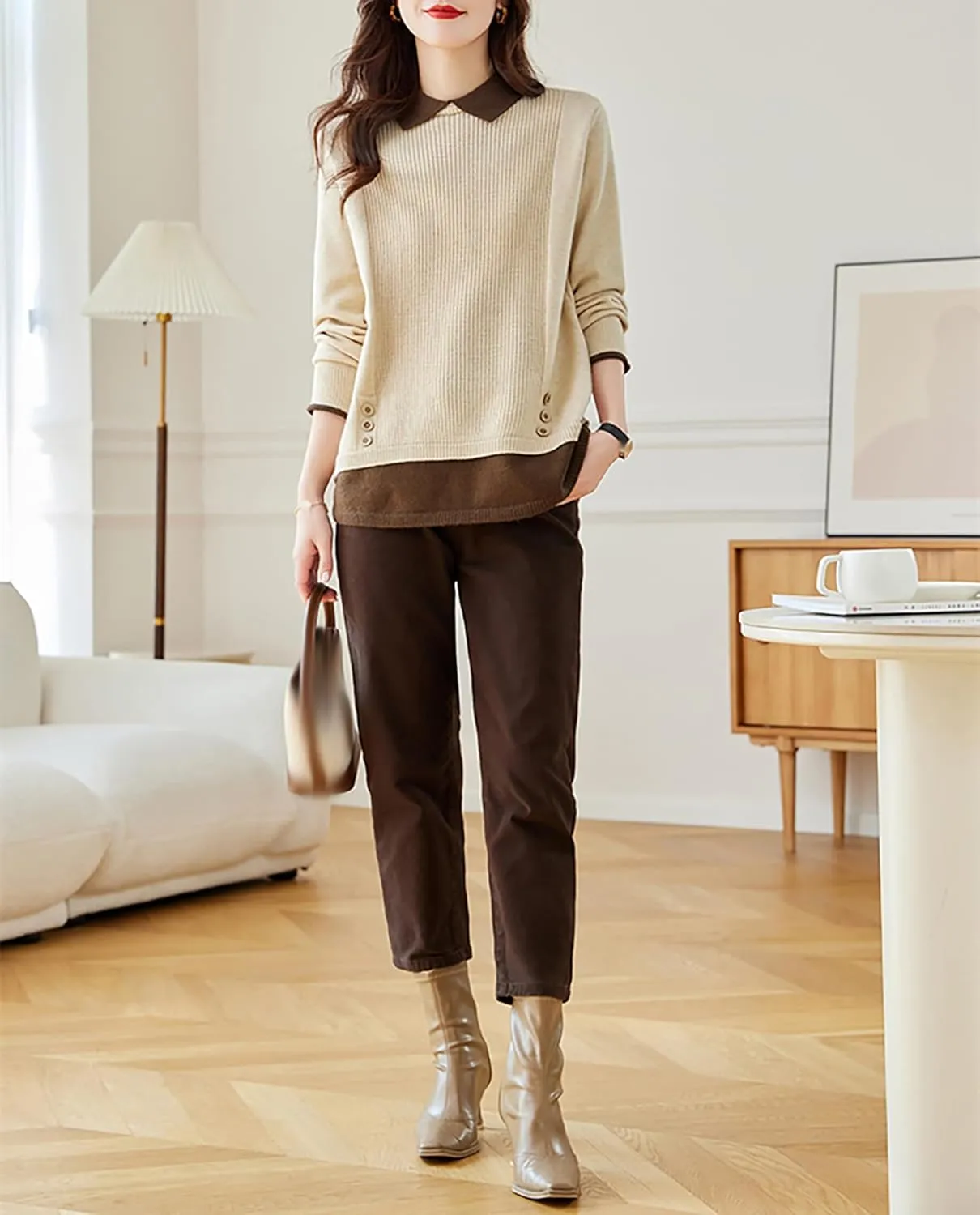 LAI MENG FIVE CATS Women's Polo Contrast Collar Knitwear Casual Long Sleeve Patchwork Pullover Blouse Top