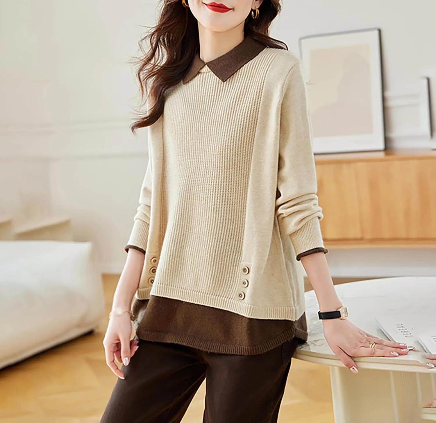 LAI MENG FIVE CATS Women's Polo Contrast Collar Knitwear Casual Long Sleeve Patchwork Pullover Blouse Top