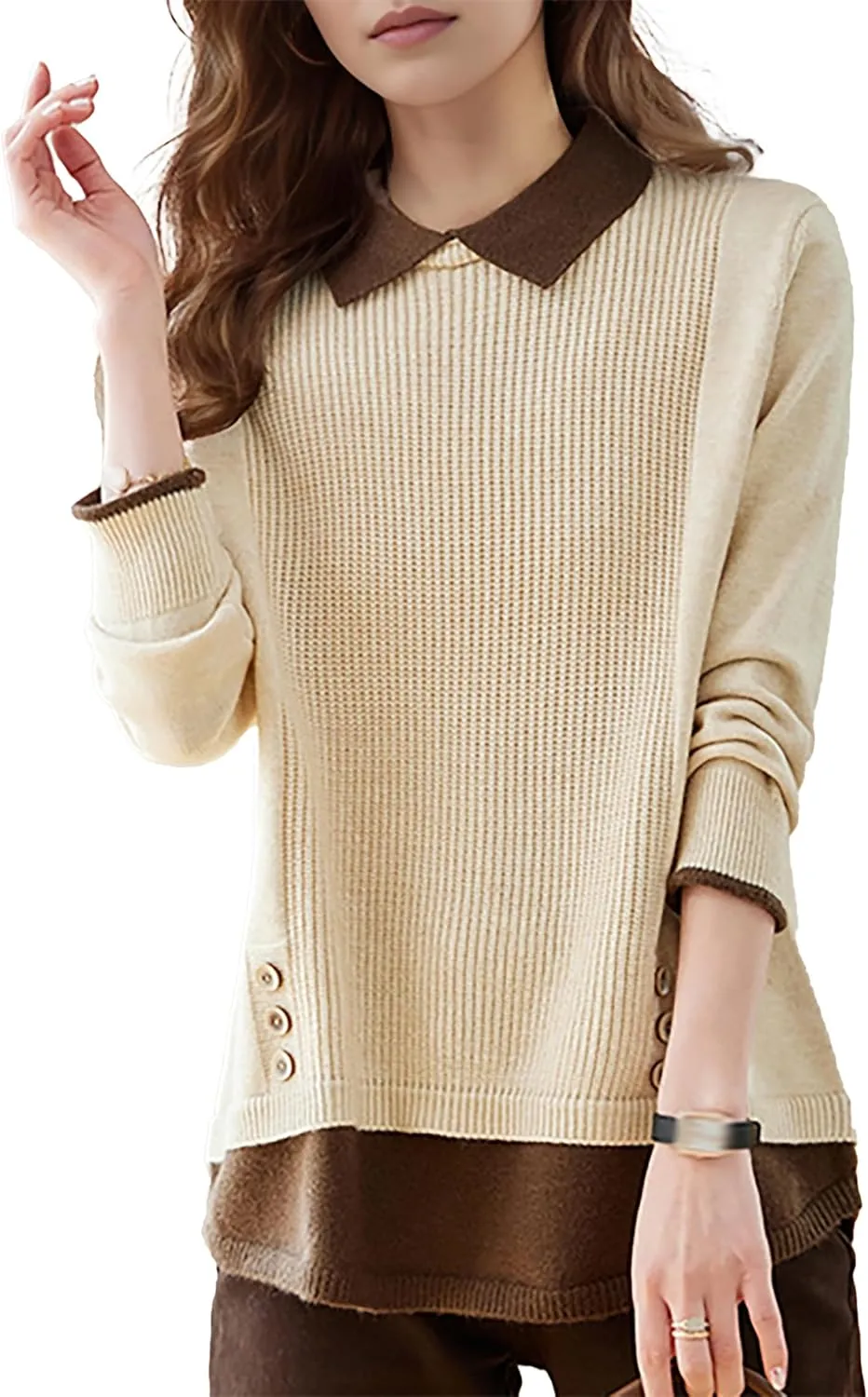 LAI MENG FIVE CATS Women's Polo Contrast Collar Knitwear Casual Long Sleeve Patchwork Pullover Blouse Top
