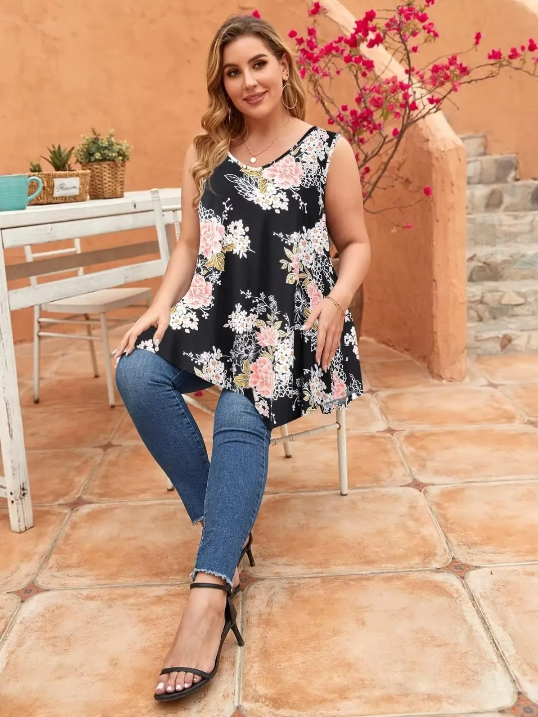 LARACE Plus Size Tank Tops for Women V Neck T Shirts Summer Sleeveless Tunic Tops Loose Fit Flowy Blouse