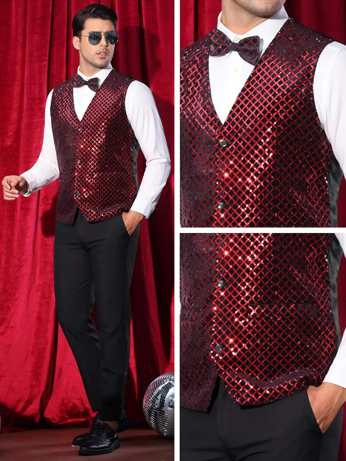 Lars Amadeus Argyle Sequin Vest for Men's V-Neck Party Nightclub Shiny Sleeveless Suit Metallic Waistcoat