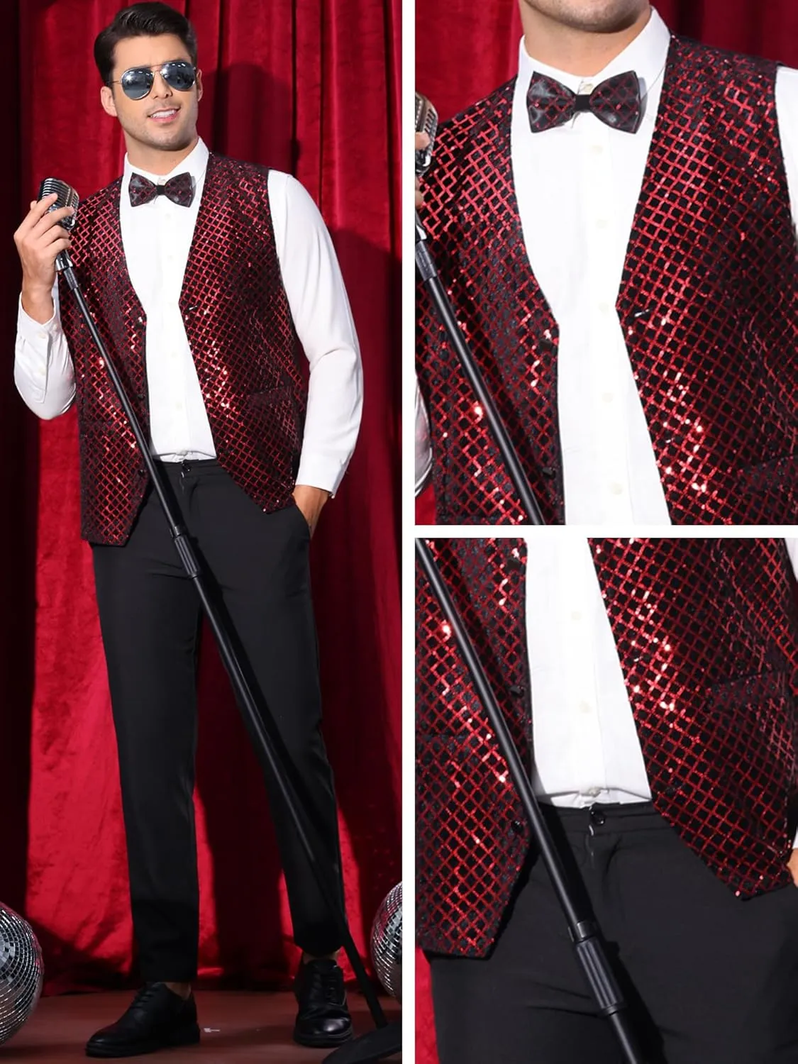 Lars Amadeus Argyle Sequin Vest for Men's V-Neck Party Nightclub Shiny Sleeveless Suit Metallic Waistcoat