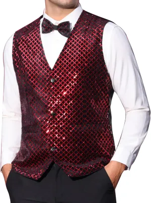 Lars Amadeus Argyle Sequin Vest for Men's V-Neck Party Nightclub Shiny Sleeveless Suit Metallic Waistcoat