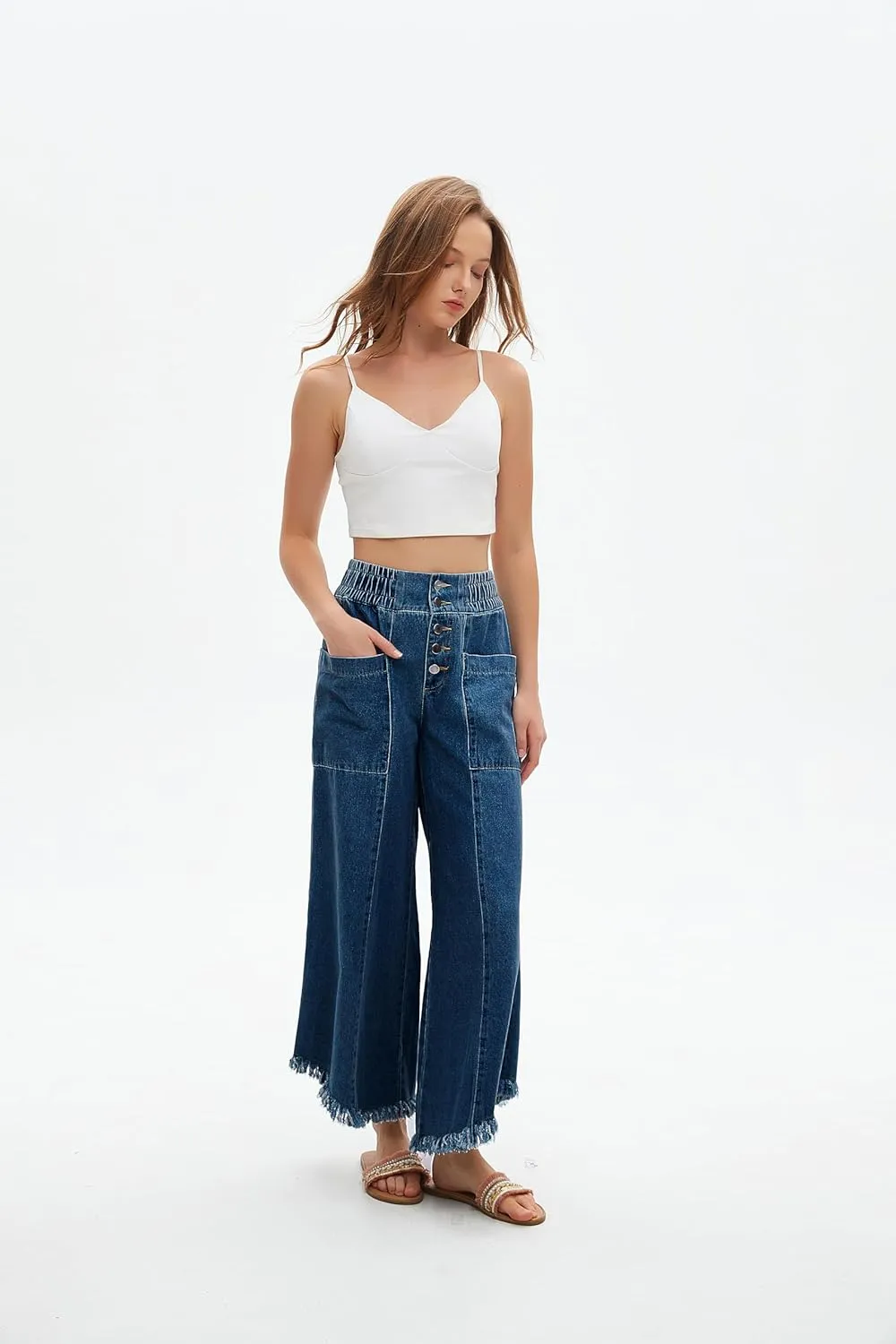 LifeShe Women's Baggy Wide Leg Jeans Elastic Waisted Cropped Denim Pants Loose Boyfriend Raw Hem Jeans