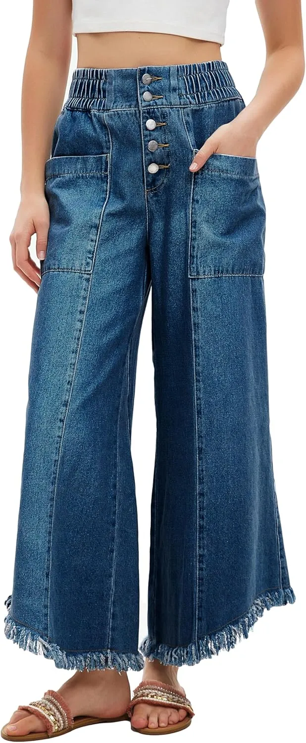 LifeShe Women's Baggy Wide Leg Jeans Elastic Waisted Cropped Denim Pants Loose Boyfriend Raw Hem Jeans