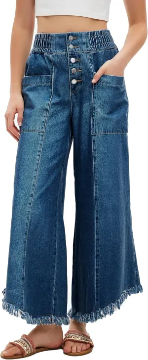 LifeShe Women's Baggy Wide Leg Jeans Elastic Waisted Cropped Denim Pants Loose Boyfriend Raw Hem Jeans
