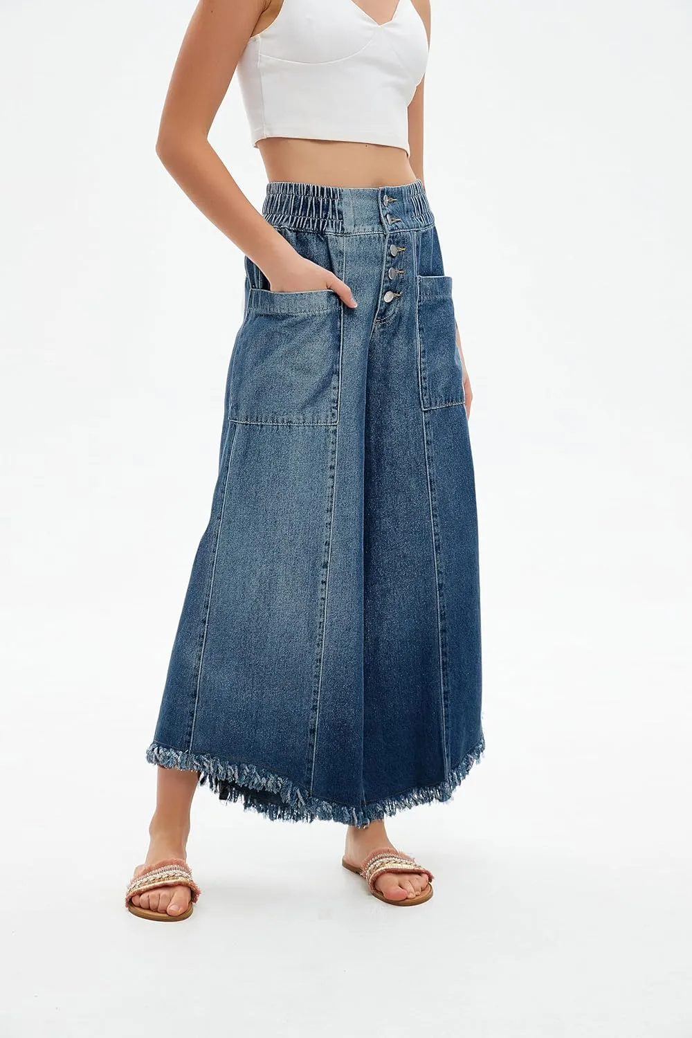 LifeShe Women's Baggy Wide Leg Jeans Elastic Waisted Cropped Denim Pants Loose Boyfriend Raw Hem Jeans