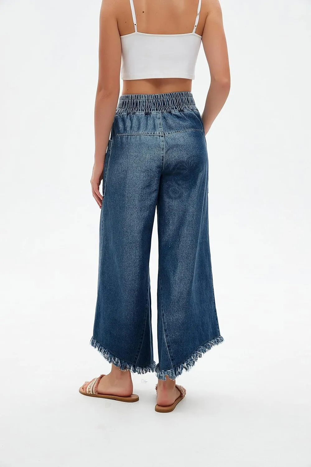 LifeShe Women's Baggy Wide Leg Jeans Elastic Waisted Cropped Denim Pants Loose Boyfriend Raw Hem Jeans