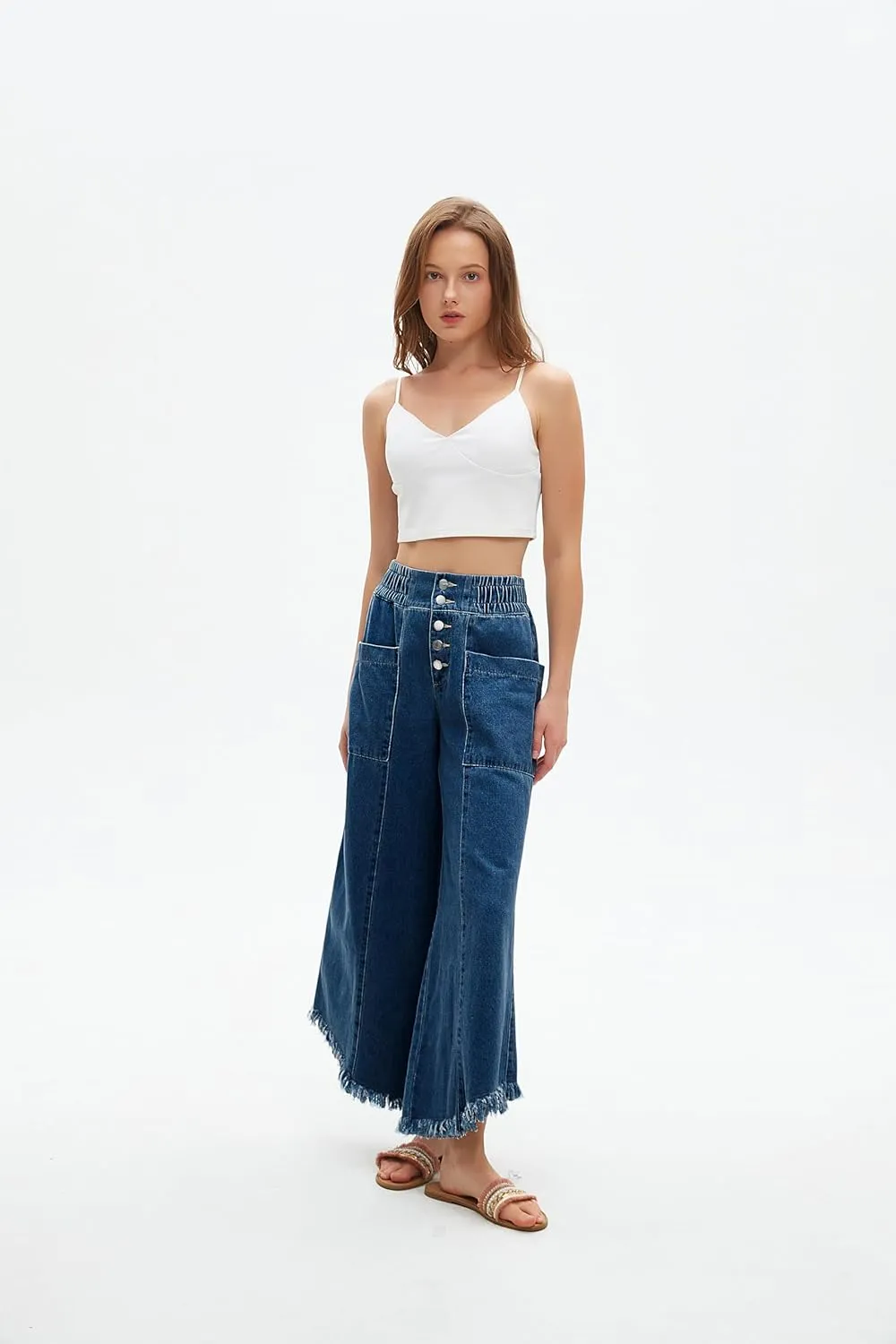 LifeShe Women's Baggy Wide Leg Jeans Elastic Waisted Cropped Denim Pants Loose Boyfriend Raw Hem Jeans