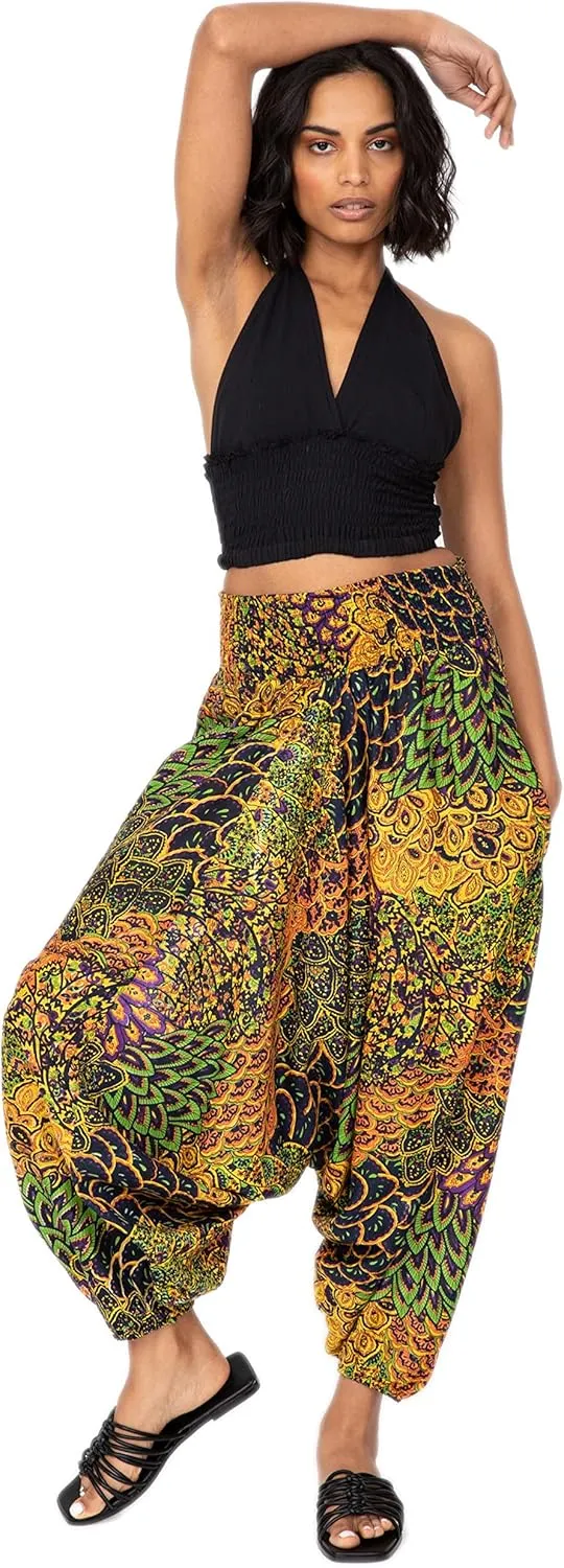 likemary Harem Pants Women - Boho Pants Pull Up into Jumpsuit with Pockets - 2-in-1 Hippie Pants and Romper Jumper Outfit - Genie Pants - Peacock Print - Navy Blue Plus Size