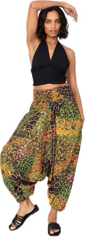 likemary Harem Pants Women - Boho Pants Pull Up into Jumpsuit with Pockets - 2-in-1 Hippie Pants and Romper Jumper Outfit - Genie Pants - Peacock Print - Navy Blue Plus Size