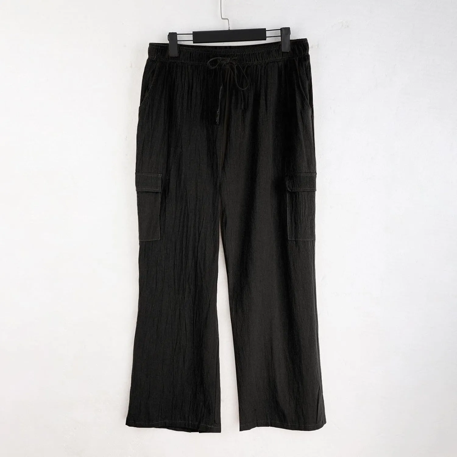 Linen Cargo Pants for Mens Casual Solid Color Drawstring Pants Lightweight Breathable Plain Outdoor Sweatpants with Pockets