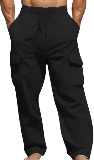 Linen Cargo Pants for Mens Casual Solid Color Drawstring Pants Lightweight Breathable Plain Outdoor Sweatpants with Pockets