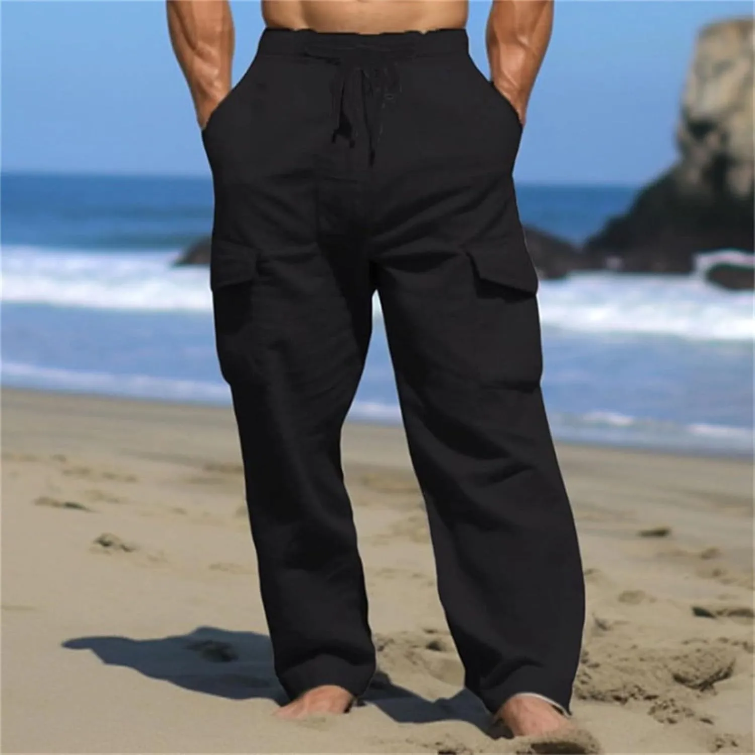 Linen Cargo Pants for Mens Casual Solid Color Drawstring Pants Lightweight Breathable Plain Outdoor Sweatpants with Pockets