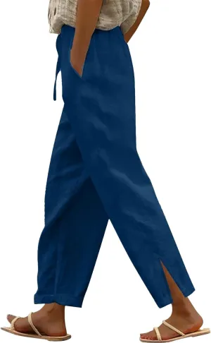 Linen Pants for Women 2025 Summer Drawstring Straight Leg Elastic Waist Lounge Trousers Casual Beach Pant with Split