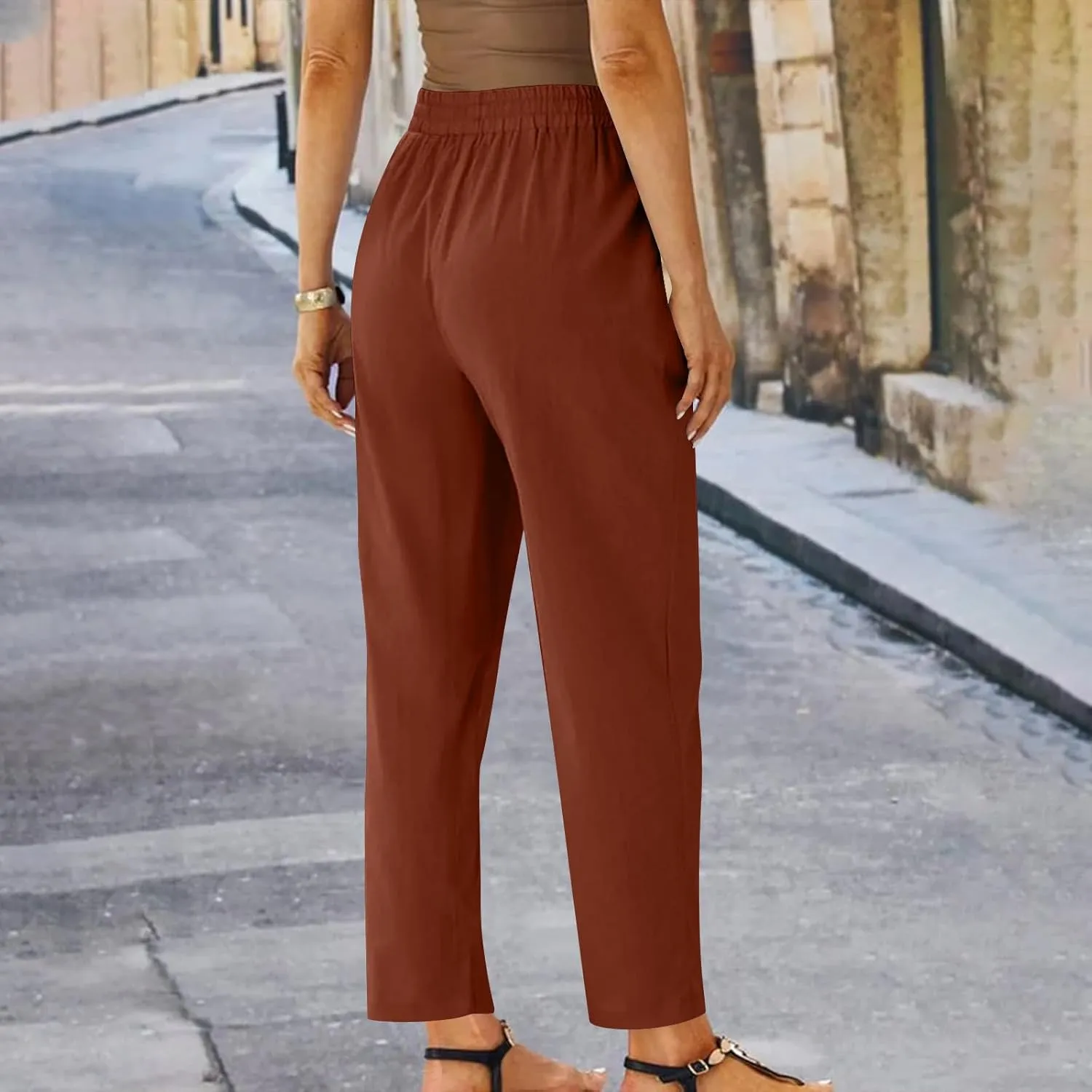 Linen Pants Women Drawstring Elastic High Waisted Capri Trousers Baggy Lightweight Summer Vacation Outfits