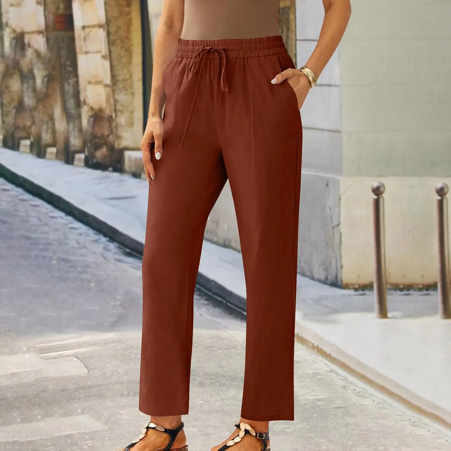 Linen Pants Women Drawstring Elastic High Waisted Capri Trousers Baggy Lightweight Summer Vacation Outfits