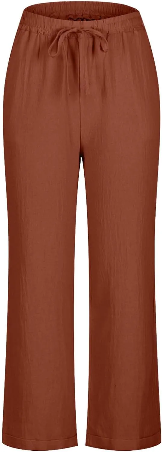 Linen Pants Women Drawstring Elastic High Waisted Capri Trousers Baggy Lightweight Summer Vacation Outfits