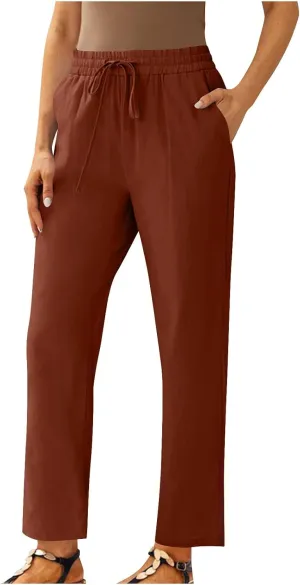 Linen Pants Women Drawstring Elastic High Waisted Capri Trousers Baggy Lightweight Summer Vacation Outfits
