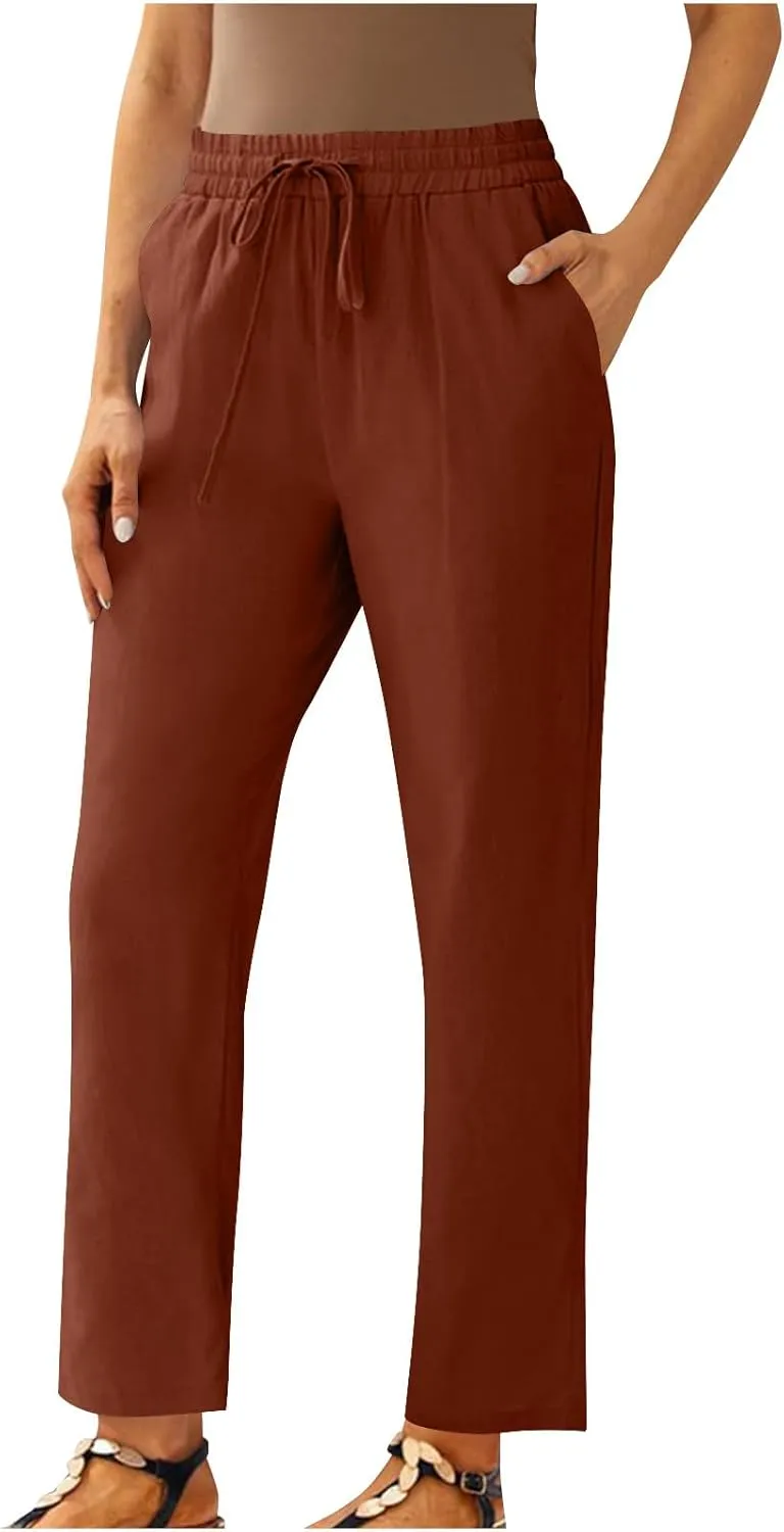 Linen Pants Women Drawstring Elastic High Waisted Capri Trousers Baggy Lightweight Summer Vacation Outfits