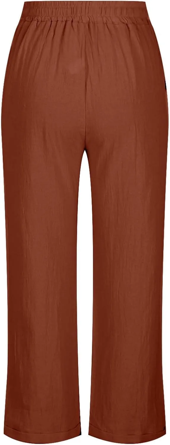 Linen Pants Women Drawstring Elastic High Waisted Capri Trousers Baggy Lightweight Summer Vacation Outfits