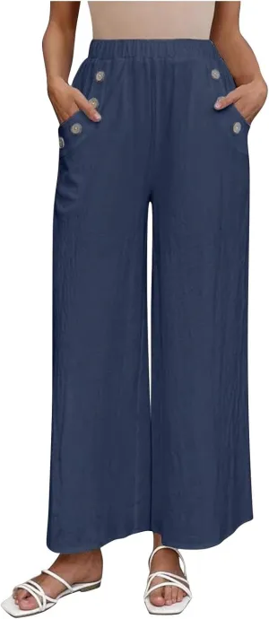 Linen Pants Women Fashion Casual Loose Elastic Waist Button Trousers Full Length Pants Summer Pants for Women 2025