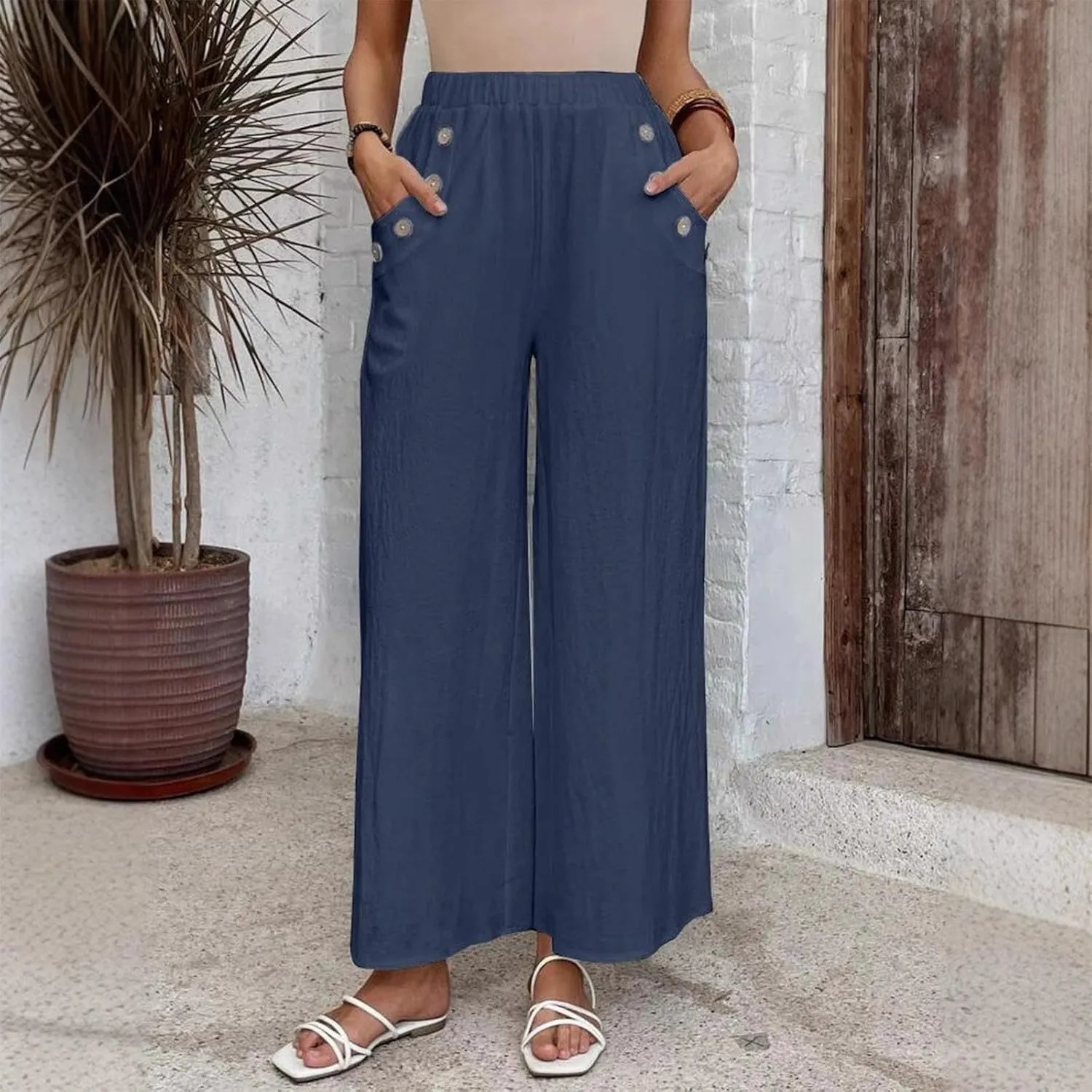 Linen Pants Women Fashion Casual Loose Elastic Waist Button Trousers Full Length Pants Summer Pants for Women 2025