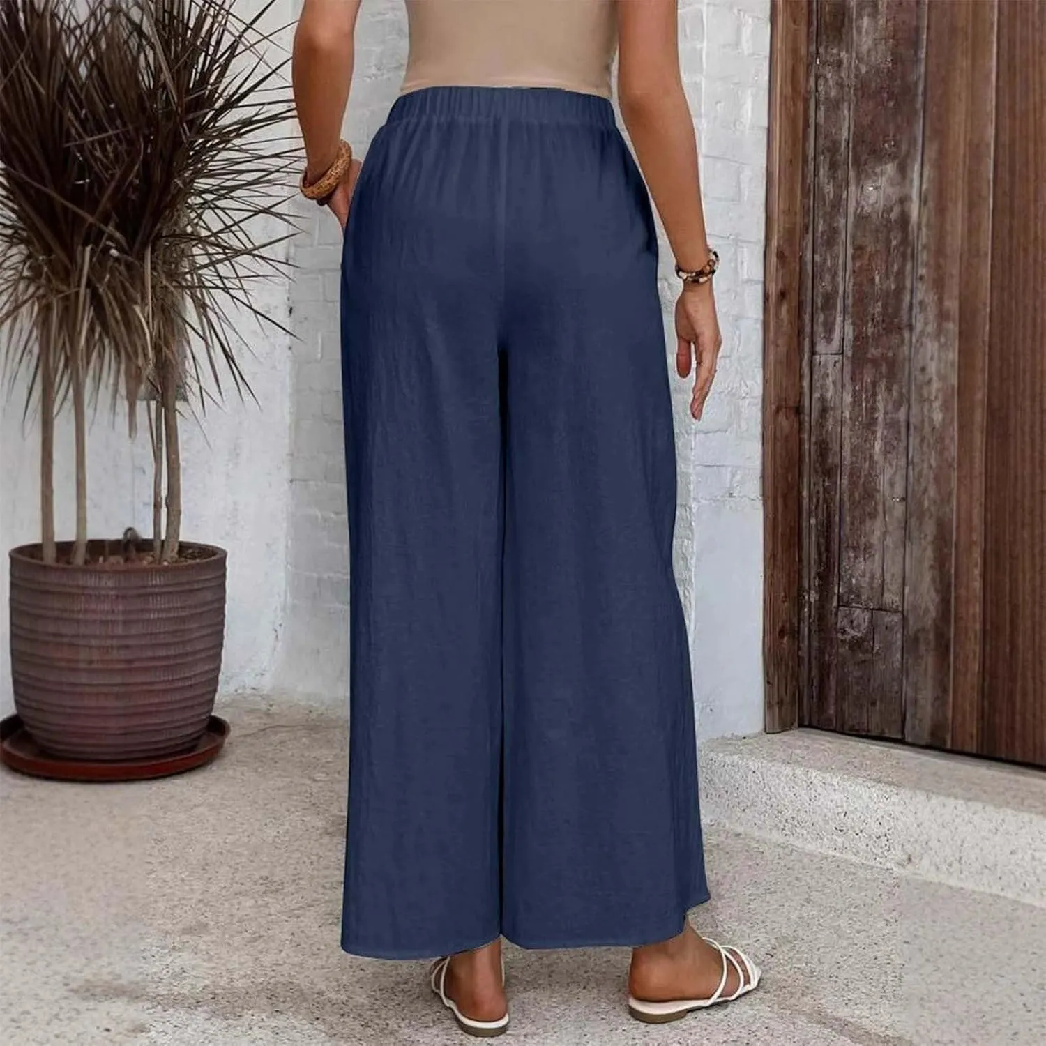 Linen Pants Women Fashion Casual Loose Elastic Waist Button Trousers Full Length Pants Summer Pants for Women 2025
