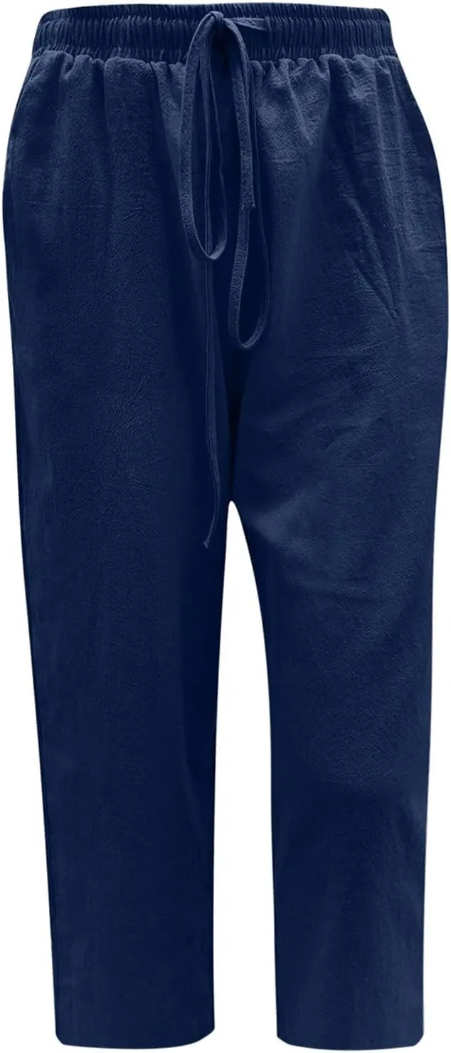 Linen Pants Women Summer Casual 2025 Capri Pants Drawstring Elastic High Waist Cropped Trousers with Pockets