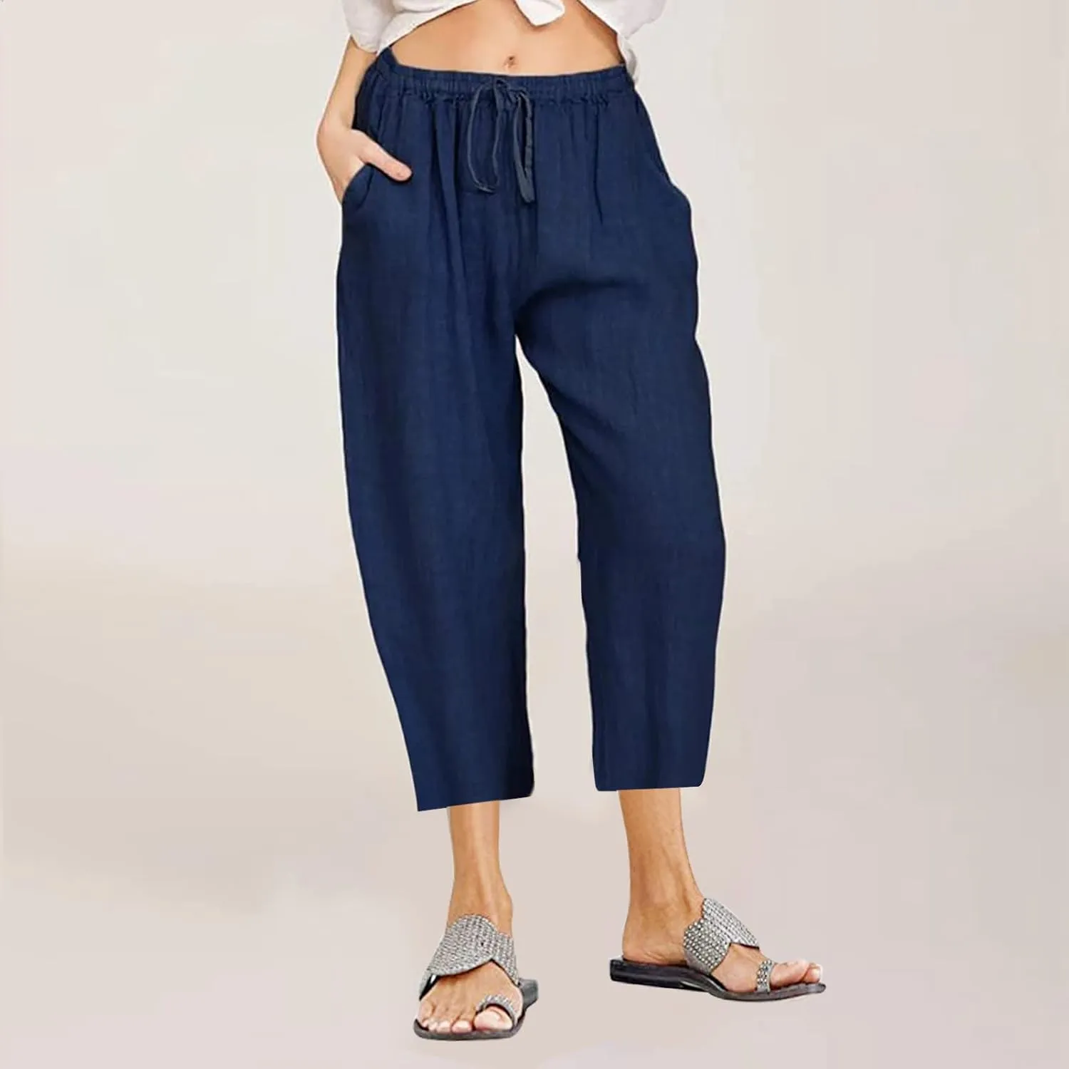 Linen Pants Women Summer Casual 2025 Capri Pants Drawstring Elastic High Waist Cropped Trousers with Pockets