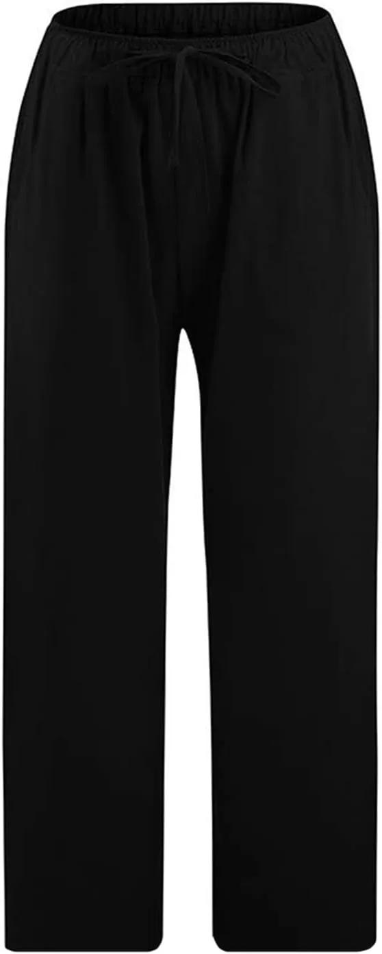 Linen Pants Women Summer Casual 2025 Capri Pants Drawstring Elastic High Waist Cropped Trousers with Pockets