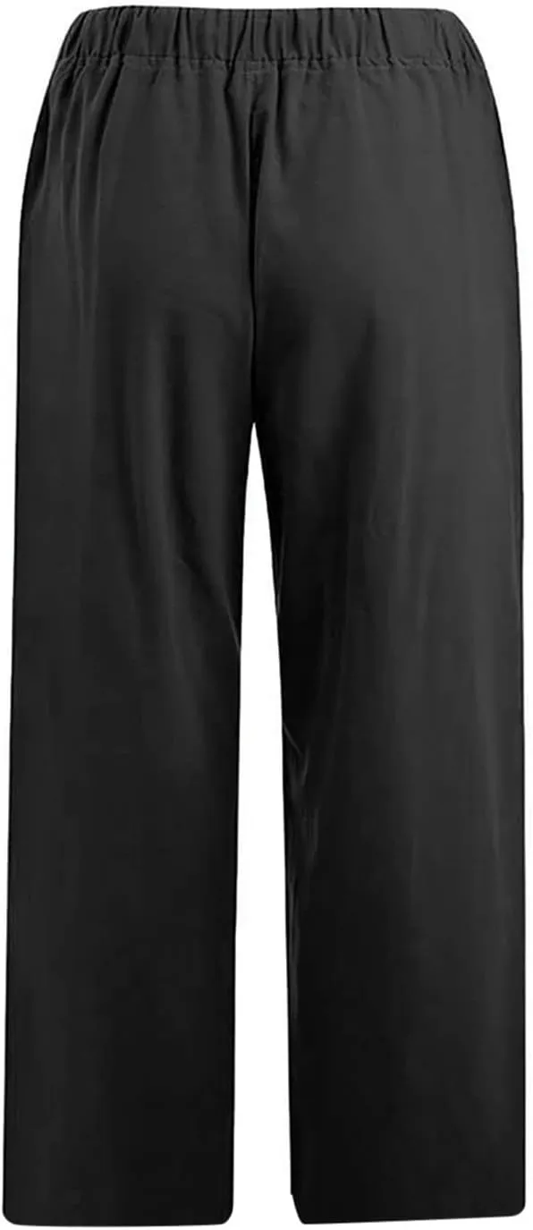Linen Pants Women Summer Casual 2025 Capri Pants Drawstring Elastic High Waist Cropped Trousers with Pockets