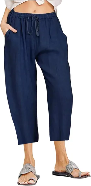 Linen Pants Women Summer Casual 2025 Capri Pants Drawstring Elastic High Waist Cropped Trousers with Pockets