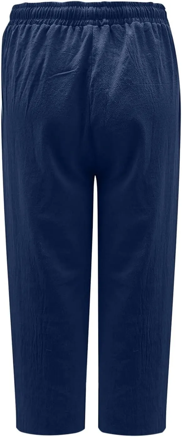 Linen Pants Women Summer Casual 2025 Capri Pants Drawstring Elastic High Waist Cropped Trousers with Pockets