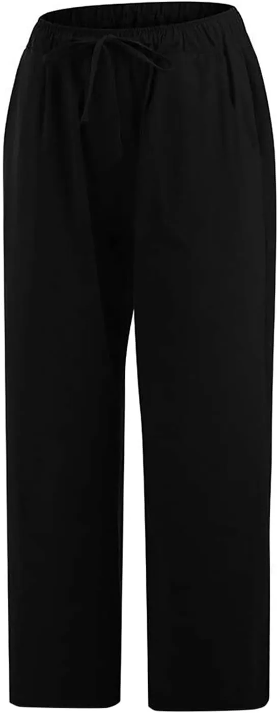 Linen Pants Women Summer Casual 2025 Capri Pants Drawstring Elastic High Waist Cropped Trousers with Pockets