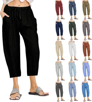 Linen Pants Women Summer Casual 2025 Capri Pants Drawstring Elastic High Waist Cropped Trousers with Pockets