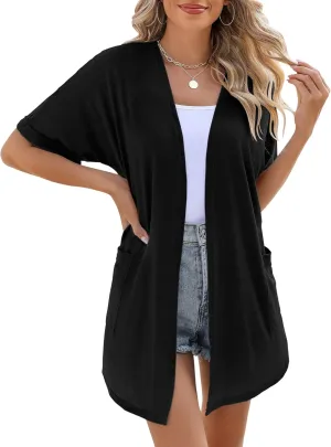 LOMON Women's Cardigans Open Front Lightweight Long Cardigan Summer Short Sleeve Casual Cover Ups with Pockets